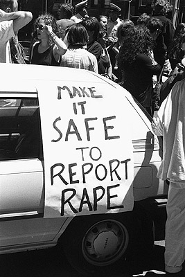 "Make it safe to report rape" banner at the Prostitutes' Collective demonstration, January 1992.