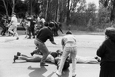 Police and protestors clash at the Australian International Defence and Equipment Exhibition (AIDEX) protest, Canberra, 26 November 1991.