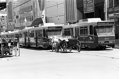 Trams block Bourke Street during the Tram Conductors' Strike, December 1989.