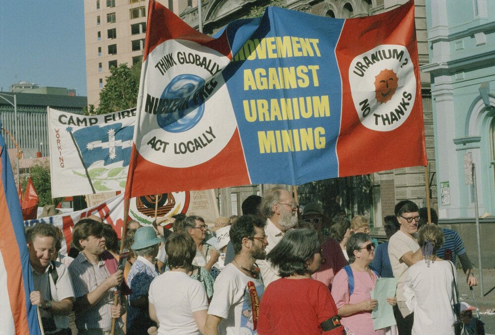Palm Sunday Rally, Movement Against Uranium Mining (MAUM) banner, 1988