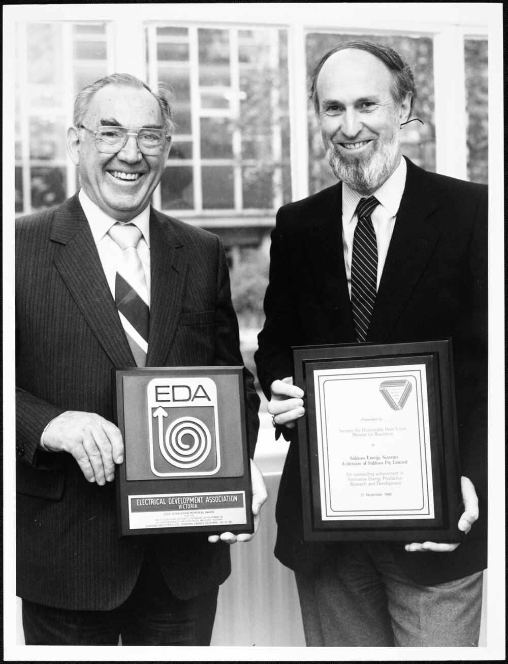 Charters, Bill (right). Solar hot water awards. 1988