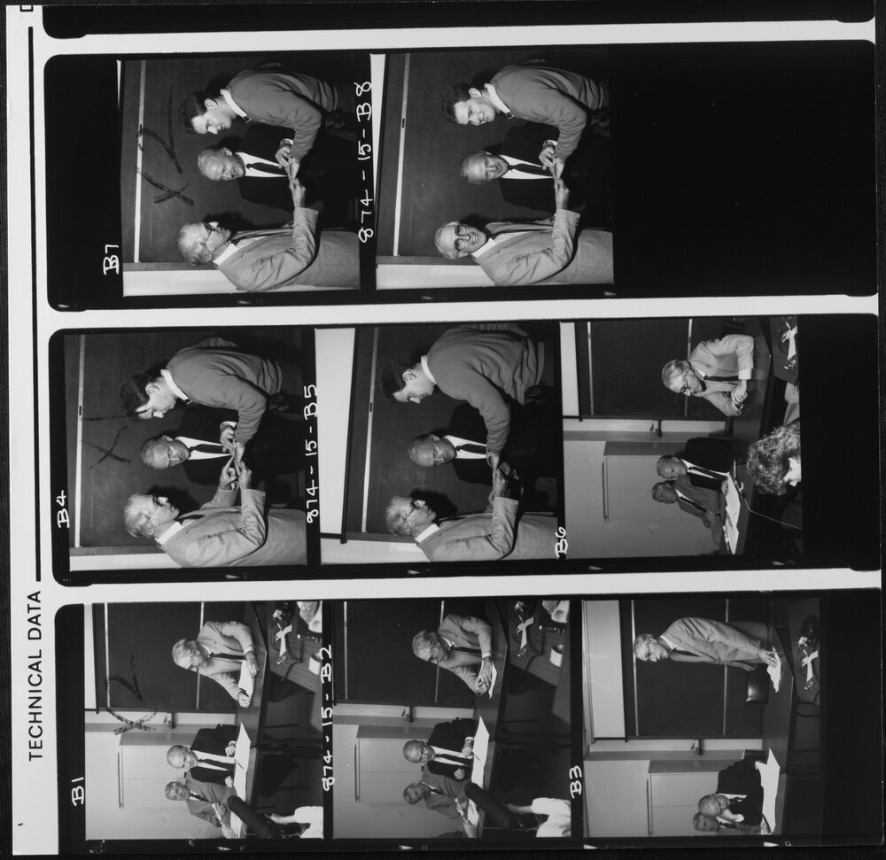 Clark, Professor Graeme with the Minister for Industry, Technology and Resources Senator Button and patient, at press conference on the next development stage of the &lsquo;tickle talker&rsquo;.