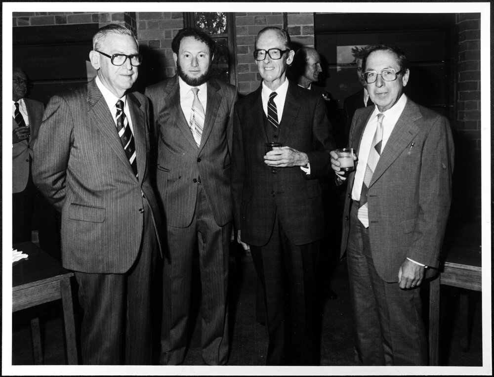 Williams Prof, retirement, with Prof &nbsp;H. O. Lancaster, Dr H Cohn and Prof Ramm. Dec 1982