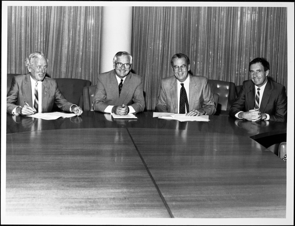 Amalgamations. Signing the Victorian College of Pharmacy agreement are, from left, the Vice-Chancellor, Professor David Penington;...