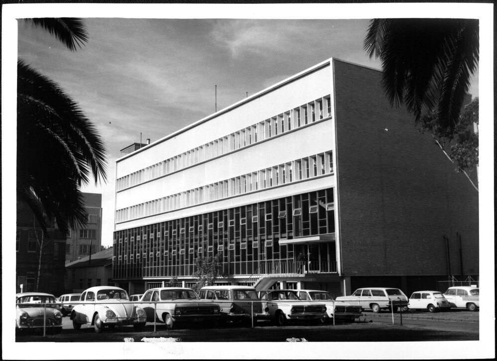 Civil Engineering and Surveying Building showing left and right cast concrete extension. Jul 1967