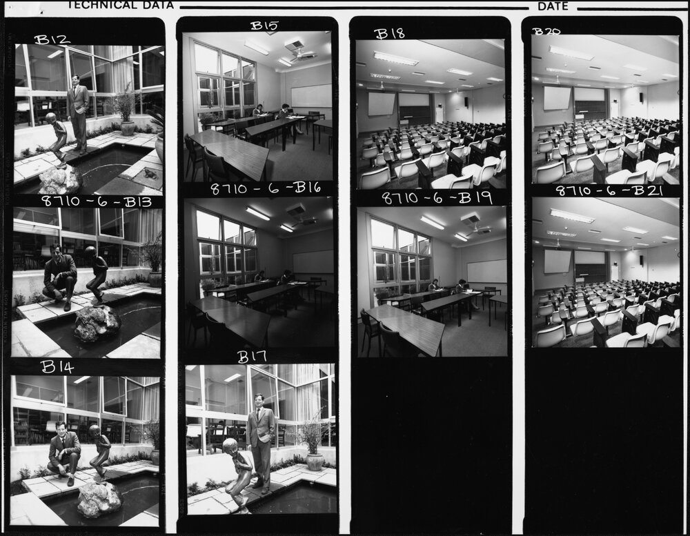 Old Arts Building including Theatre D. &nbsp;Professor Harry F. Simon at ornamental pond