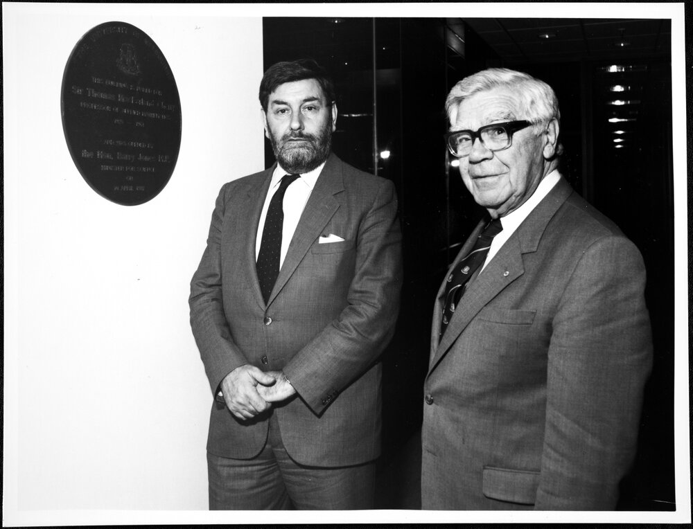 Computer Centre. The Hon. Barry Jones M.P. and Chancellor at opening of Computer Building in honour of Sir Thomas MacFarland Cherry. 10 Apr 1987
