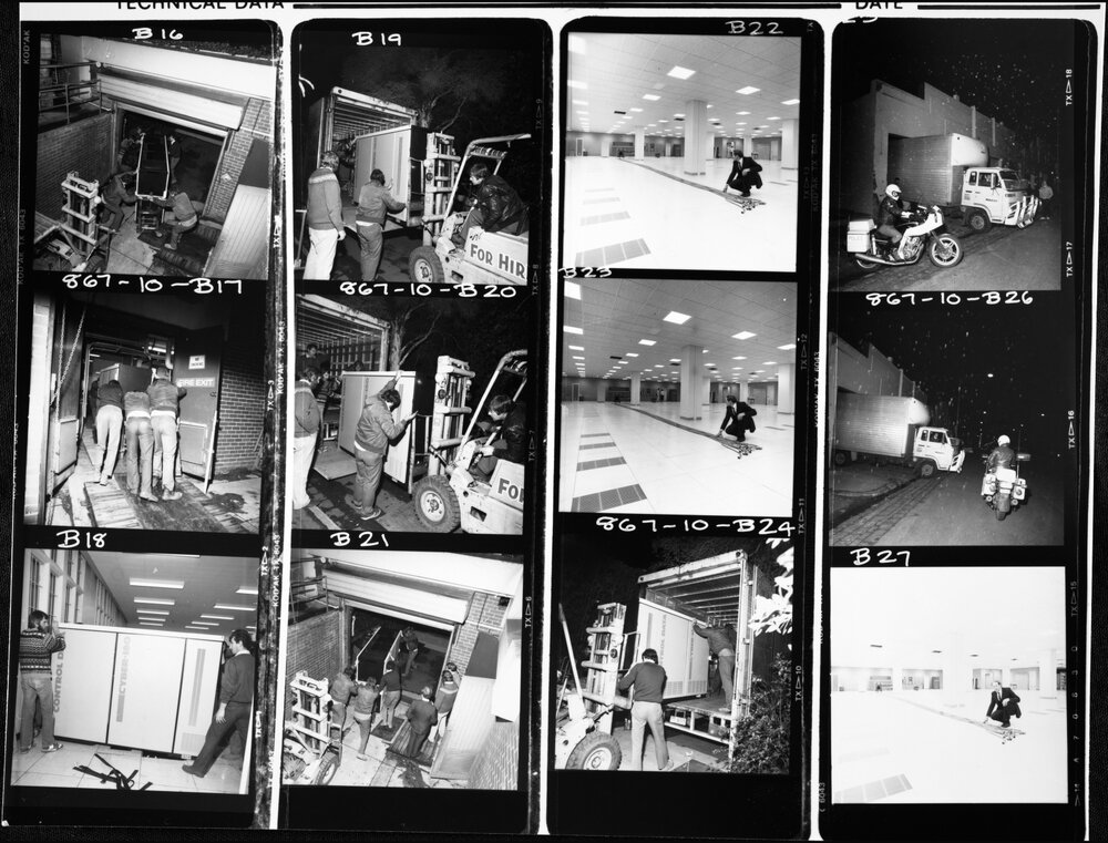 Computer Centre. Moving the big computer from the Old Computer Building to the New Computer Building. Jul 1986