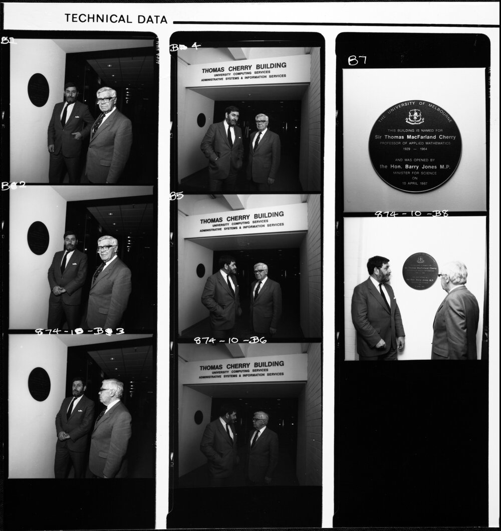 Computer Centre. The Hon. Barry Jones M.P. and Chancellor at opening of Computer Building in honour of Sir Thomas MacFarland Cherry. 10 Apr 1987