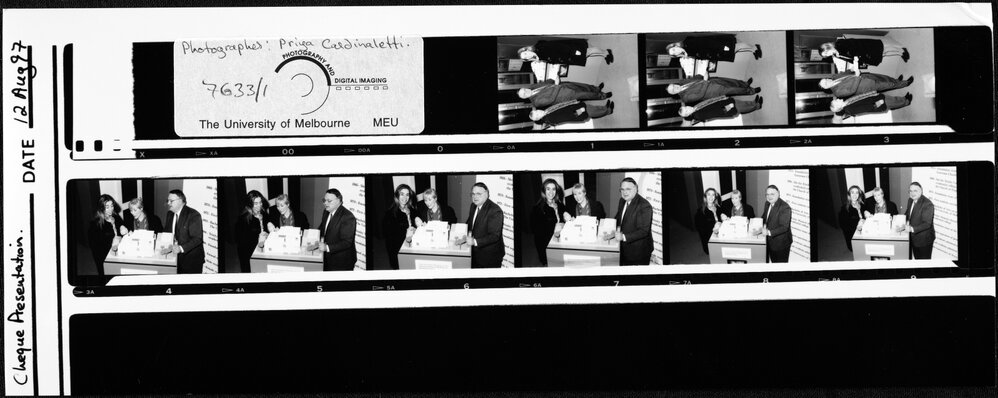 Ian Potter Museum of Art. Cheque presentation with Heloise Waislitz, Frances Lindsay and Prof Shedvin. 12 Aug 1997