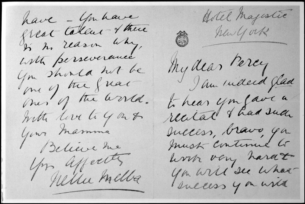 Grainger, Percy. Hand written note from Nellie Melba to Percy Grainger