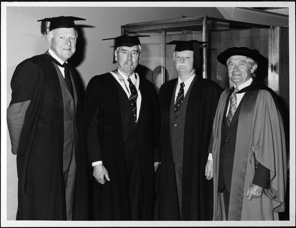 Kernot medallists. From left: Sir Frank Espie, Sir Bernard Callinan, Mr J. W. Connell and Professor Emeritus H. W. Worner. 16 Sep 1982
