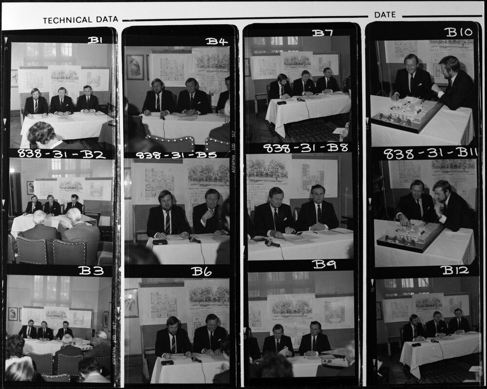 Graduate School of Management announcement, including Senator Gareth Evans, Prof Poynter and Mr J Gough. 31 Aug 1983