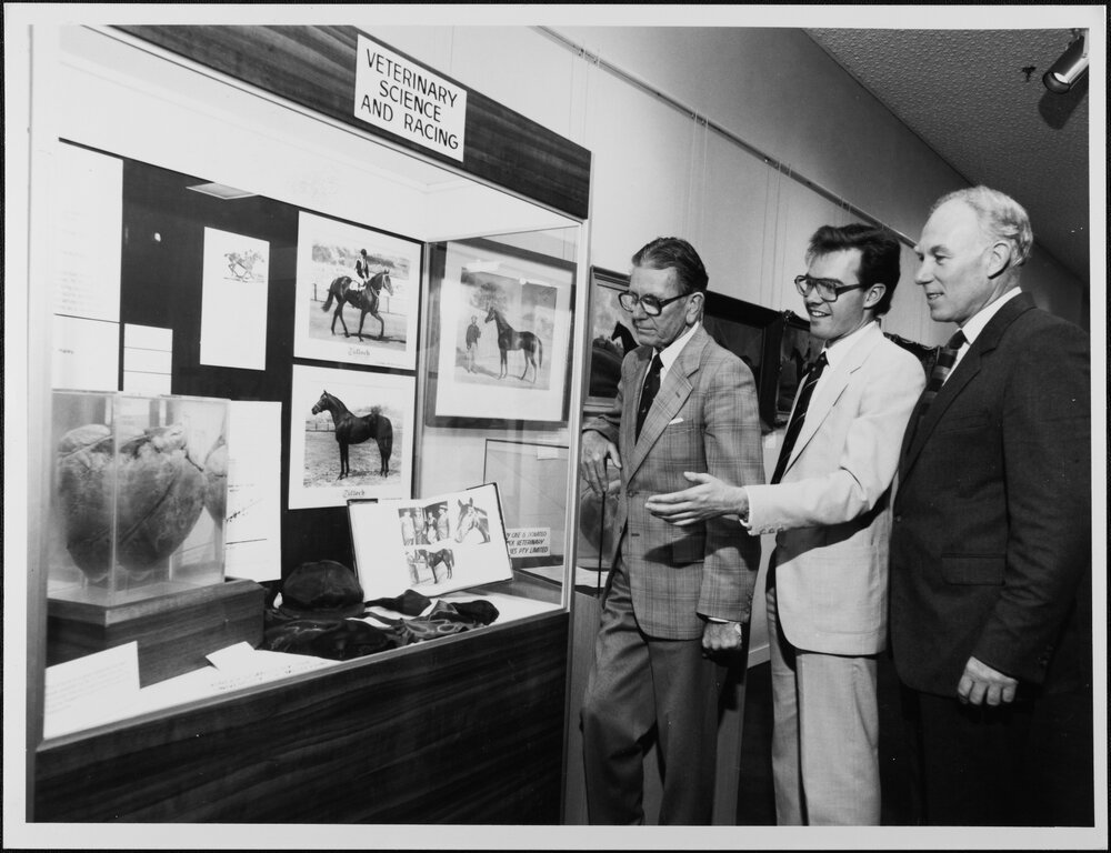 Veterinary Science. Veterinary School Exhibition at the Victorian Racing Museum at Caulfield Race Course. From left: Dr D.K. Sutherland,...