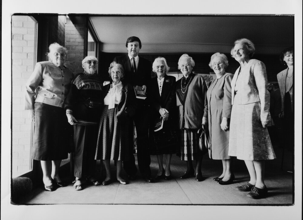 Women - Science. Senator Chris Schacht at a launch with some of the women who have contributed to Australian Science. From left: Jean Laby, Edna Sharp, Chris Blackall, Alvie Wilmot, Sophie Ducker, Edna Heggey and Beth Caldicott
