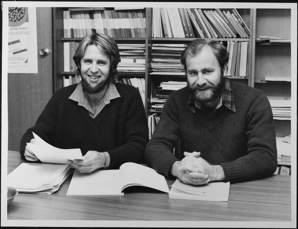 Burke, Michael (left) - Secretary, Assembly, with Mr Bill Unkles - Chairman, Assembly. 20 Jul 1982