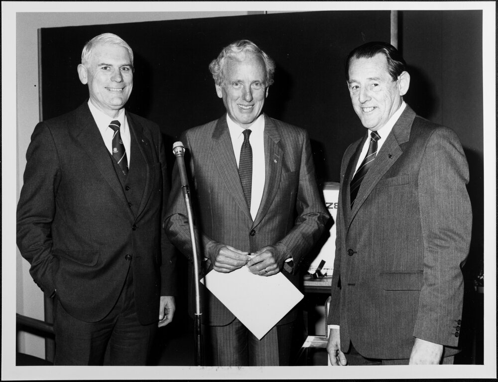 Pawsey, Maurice at his farewell, with J B. Potter (left) and David Penington (centre)