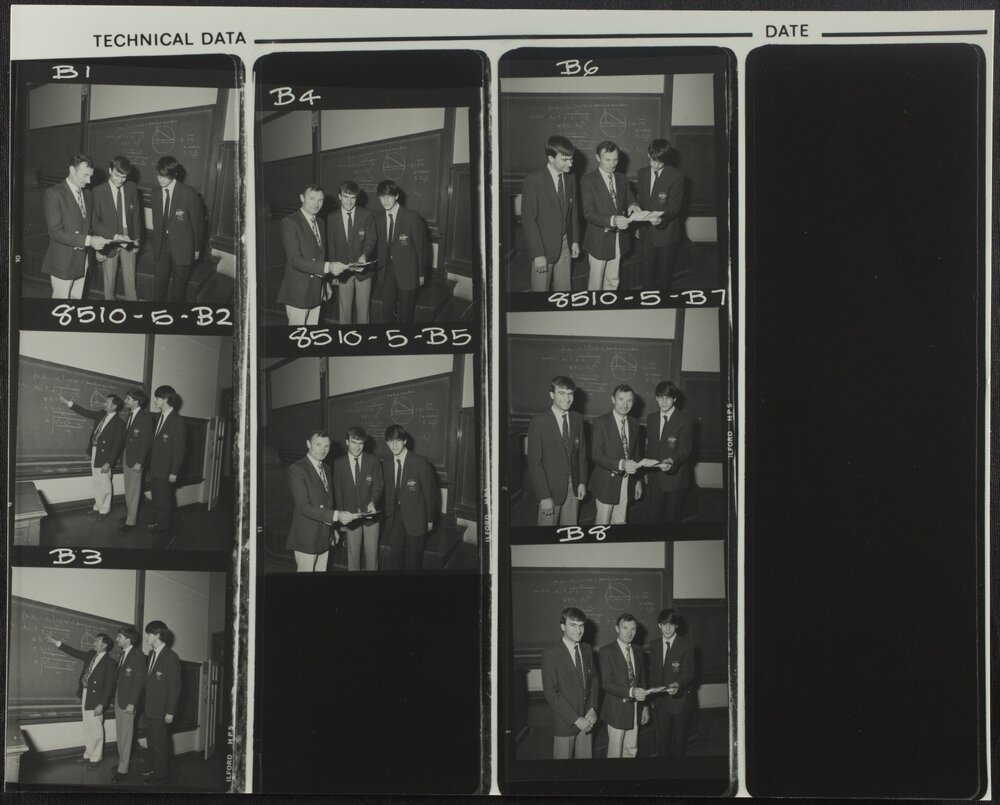 Russell, Dr Allen, Senior Lecturer in Mathematics, with two of the prizewinners of the Melbourne University Mathematics Competition in 1985