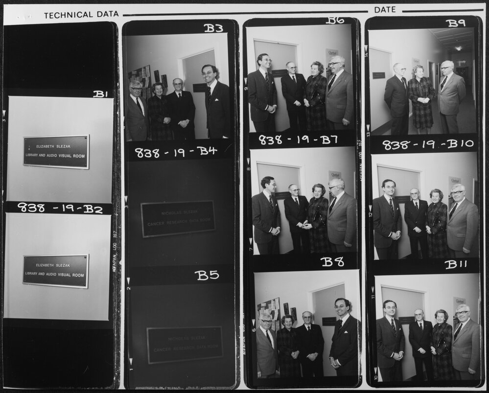 Medicine - group outside Nicholas Slezak Cancer Reseach Data Room at Surgery at Austin Hospital.  Plaque on door of Elizabeth Slezak Library and Audio Visual Room