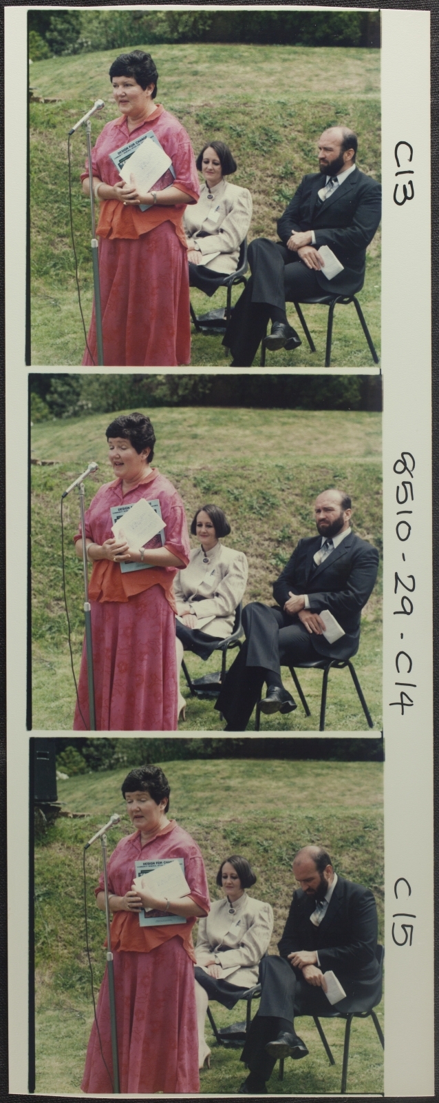 Environmental Planning. Speaker and group at launching by Mrs Joan Kirner, Minister for Conservation, Forests and Lands of the book &lsquo;Design for Change - Community Renewal after the 1983 bushfires&rsquo; at Alton, Mt Macedon.