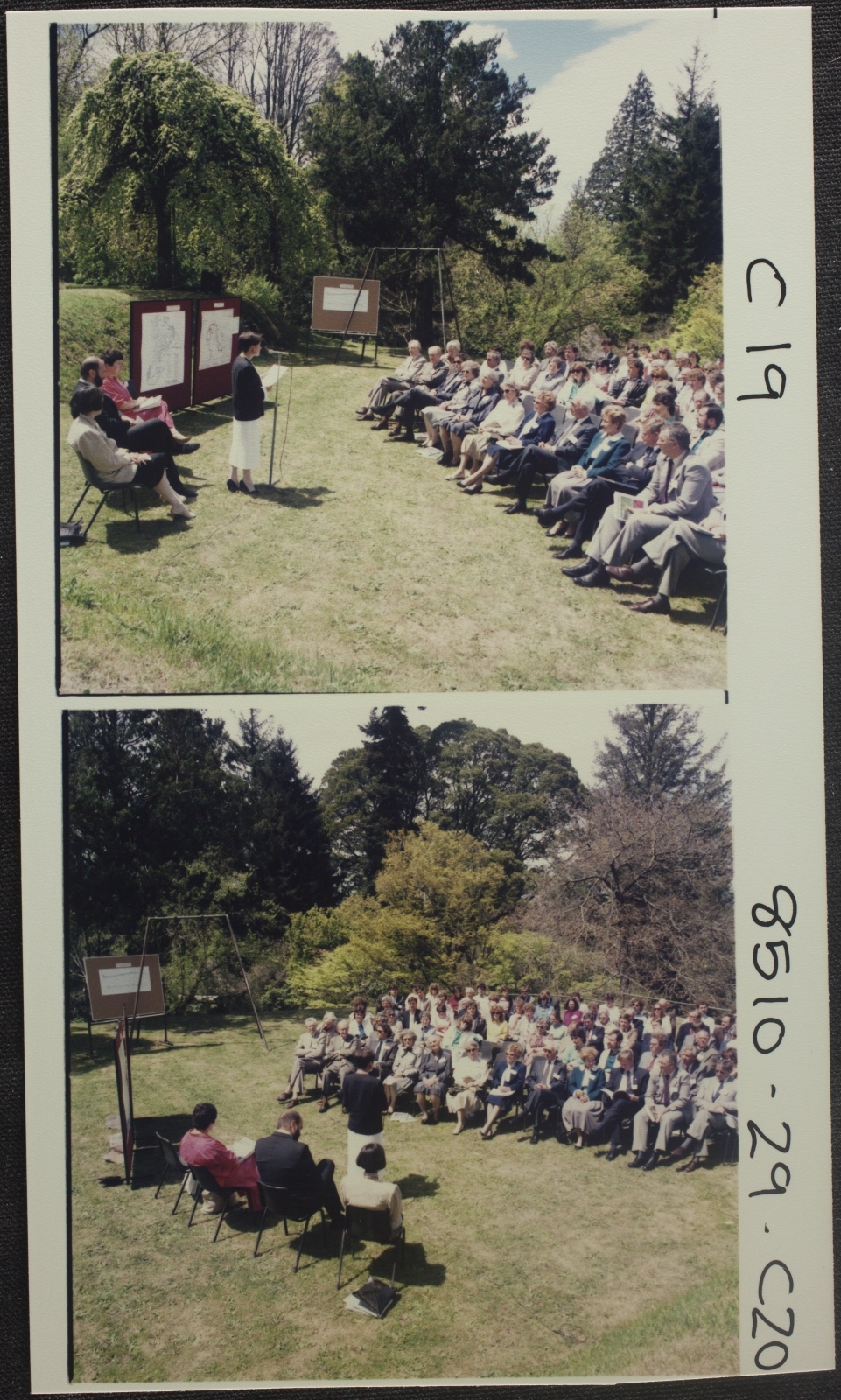 Environmental Planning. Speaker and group at launching by Mrs Joan Kirner, Minister for Conservation, Forests and Lands of the book &lsquo;Design for Change - Community Renewal after the 1983 bushfires&rsquo; at Alton, Mt Macedon.