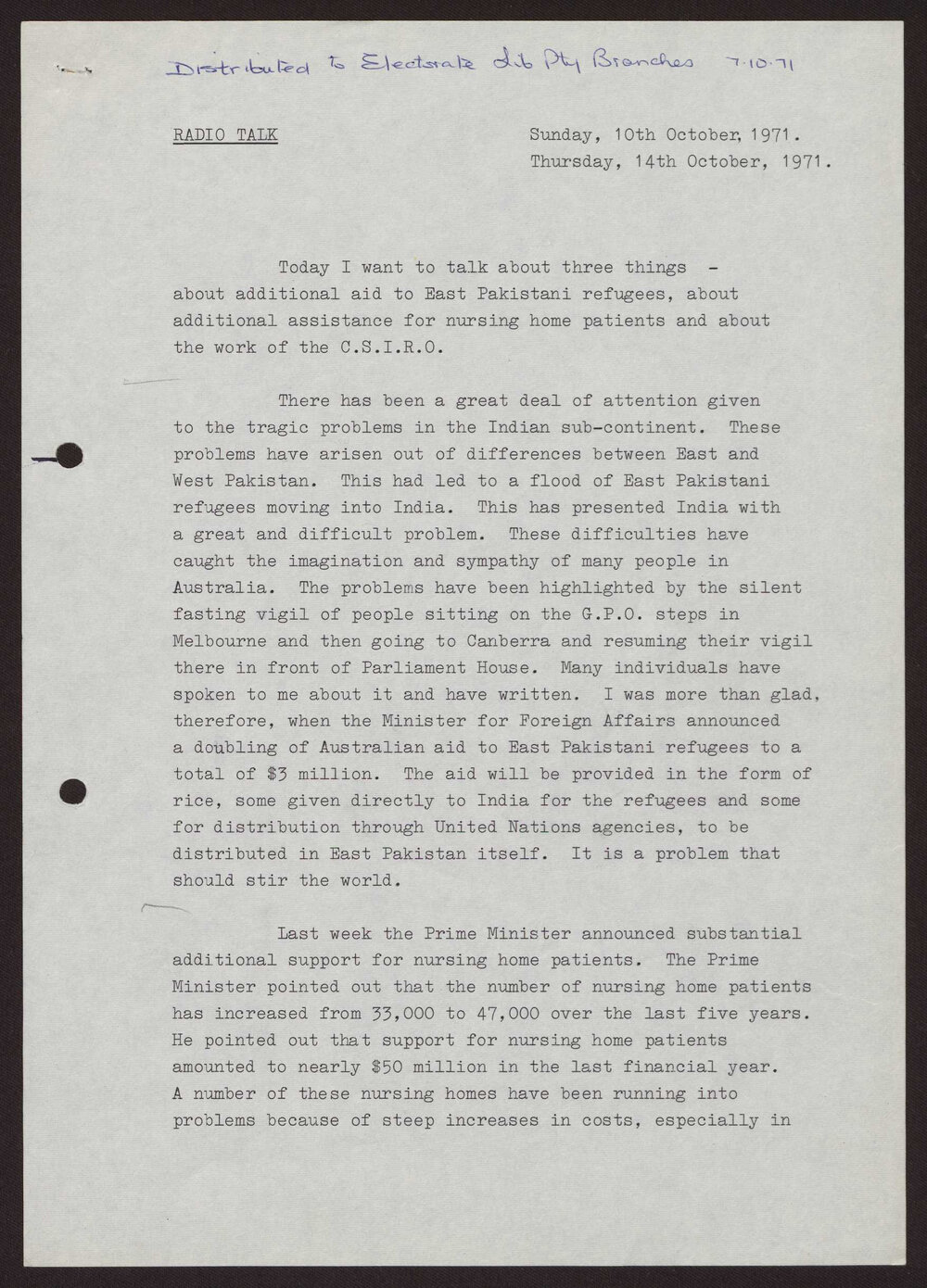 Aid to Pakistani refugees, assistance for nursing home patients, Commonwealth Scientific and Industrial Research Organisation