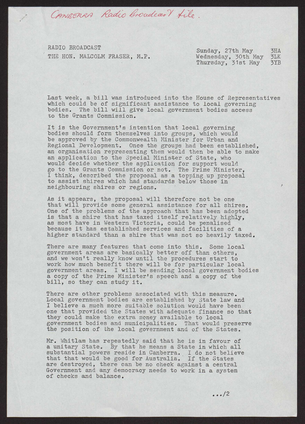 Local Government, Grants Commission