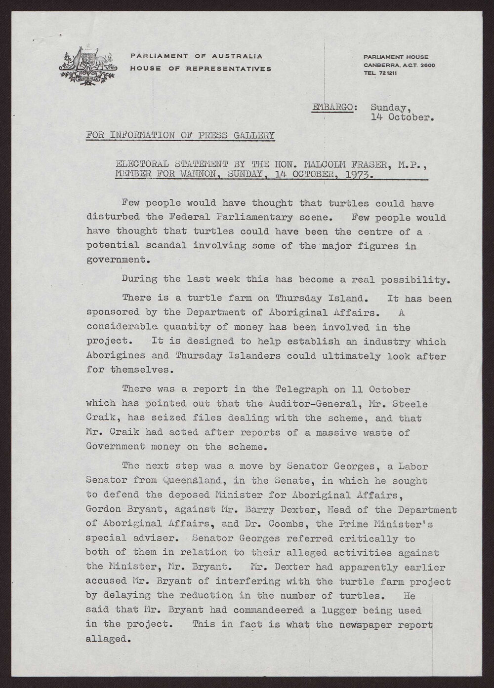 Aboriginal Affairs, Thursday Island turtle farm, Labor Government