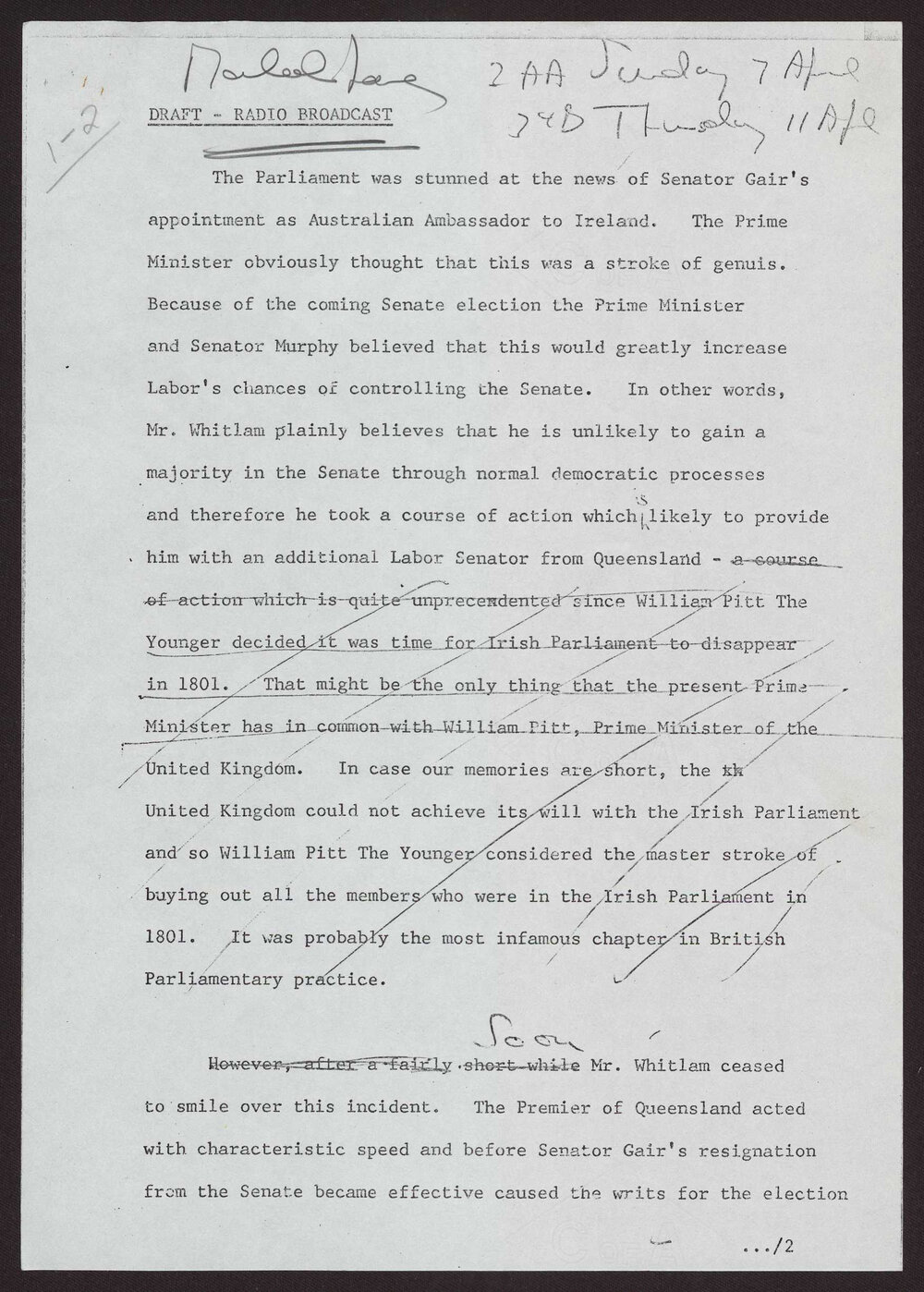 Gair's appointment to Ireland, foreign policy