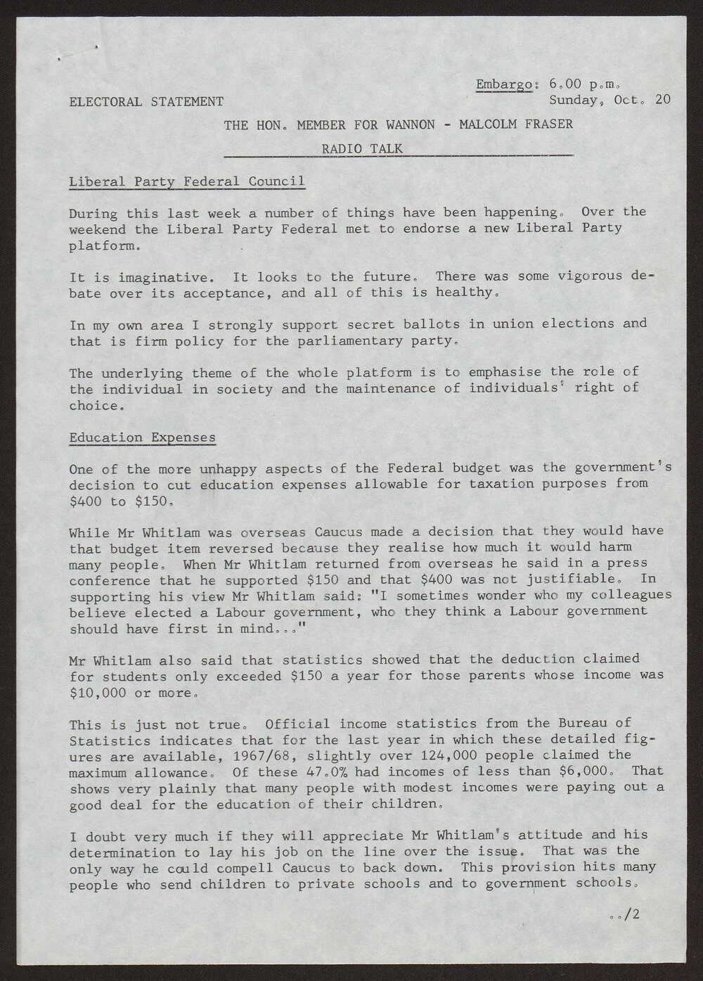 Liberal Party Federal Council, education expenses, super-phosphate, Mr Whitlam, arbitration