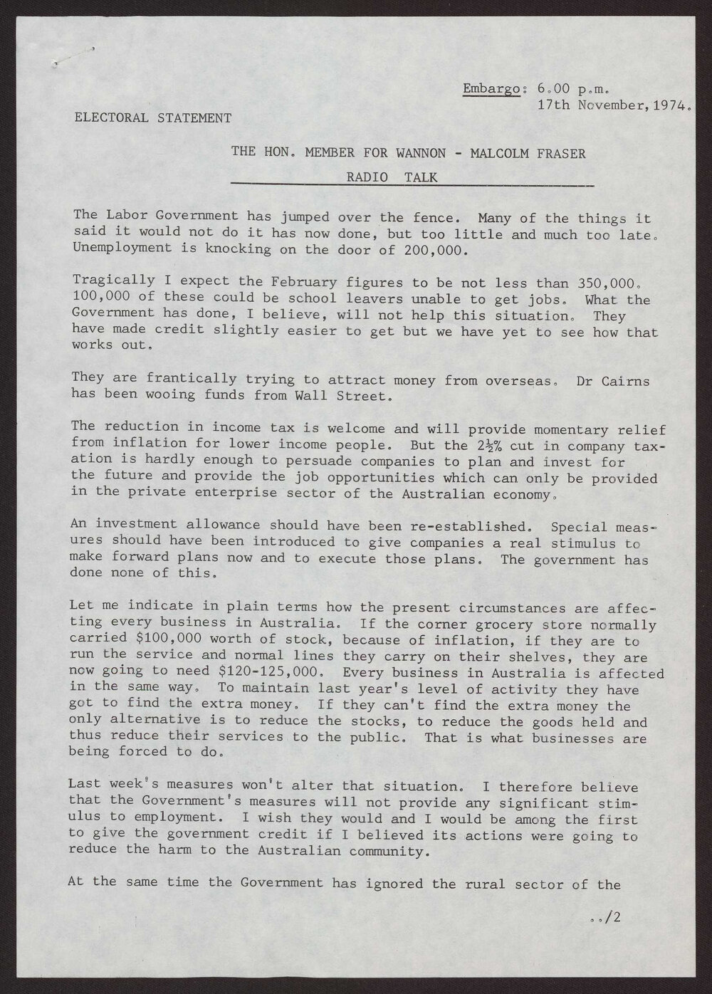 Labor government, loans, unemployment, rural policy