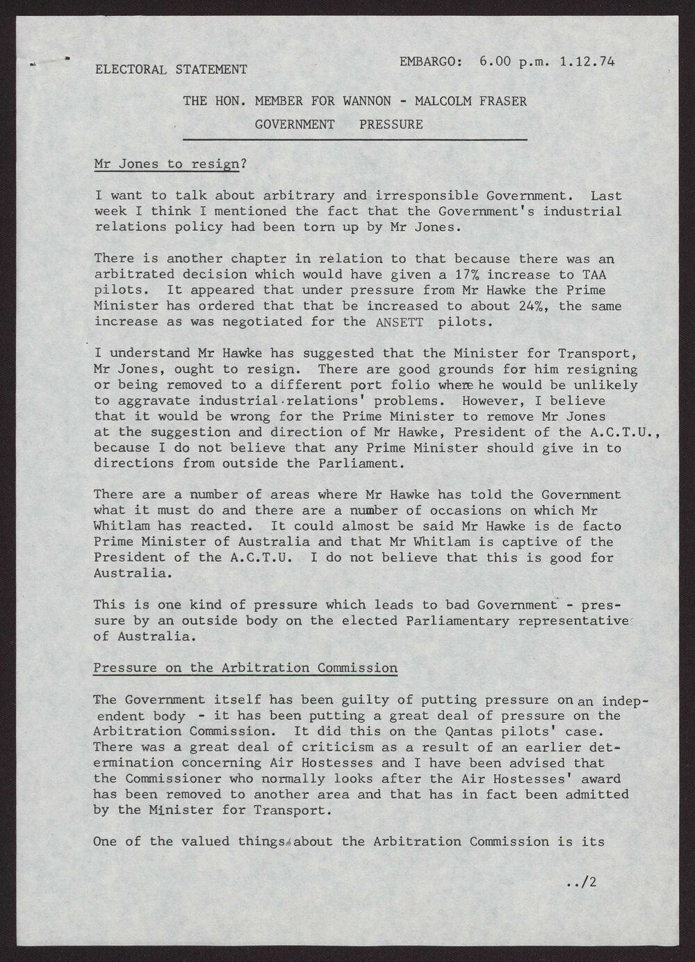 Labor industrial relations policy, Arbitration Commission, John Curtin House