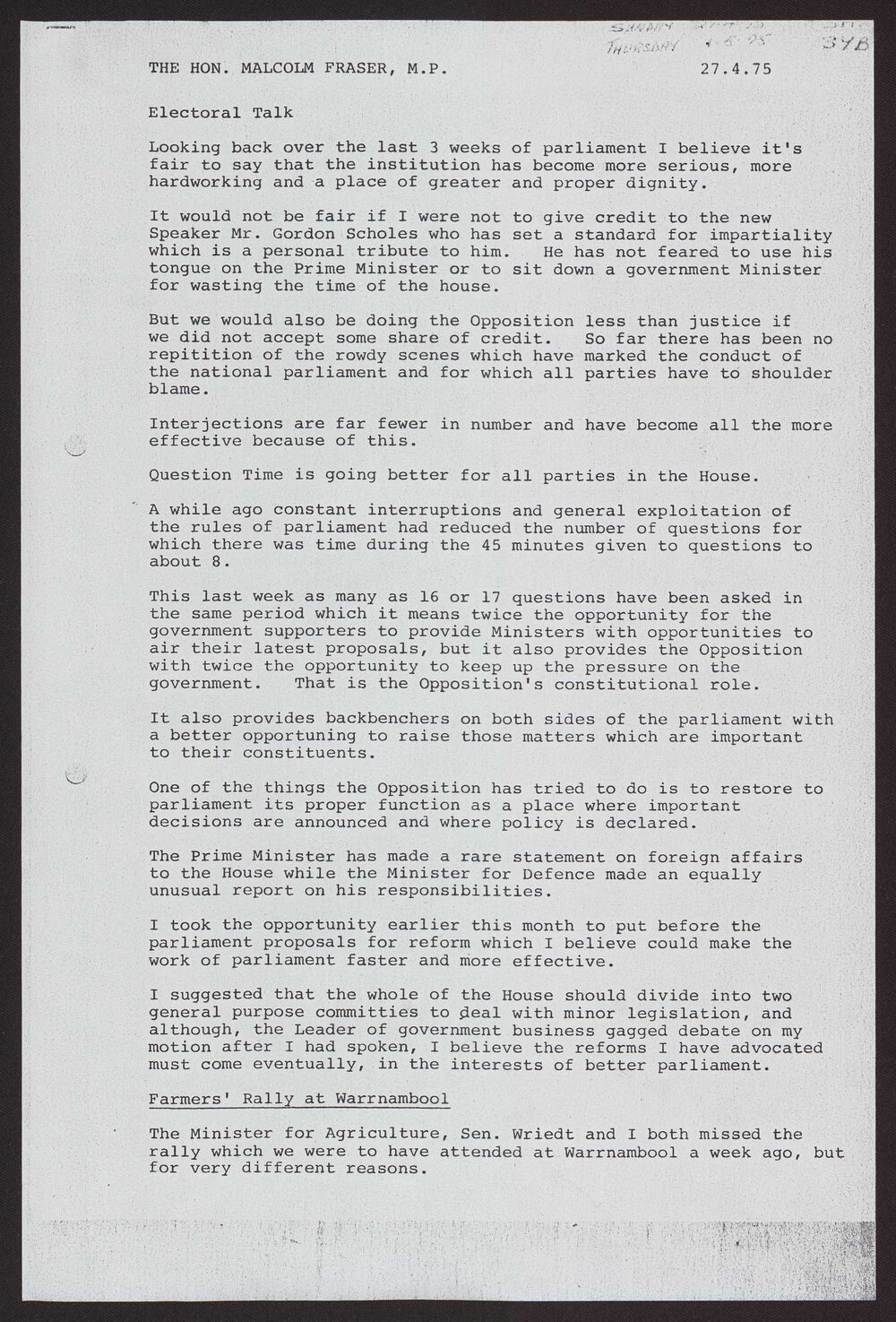 Parliamentary matters, farmers' rally at Warrnambool