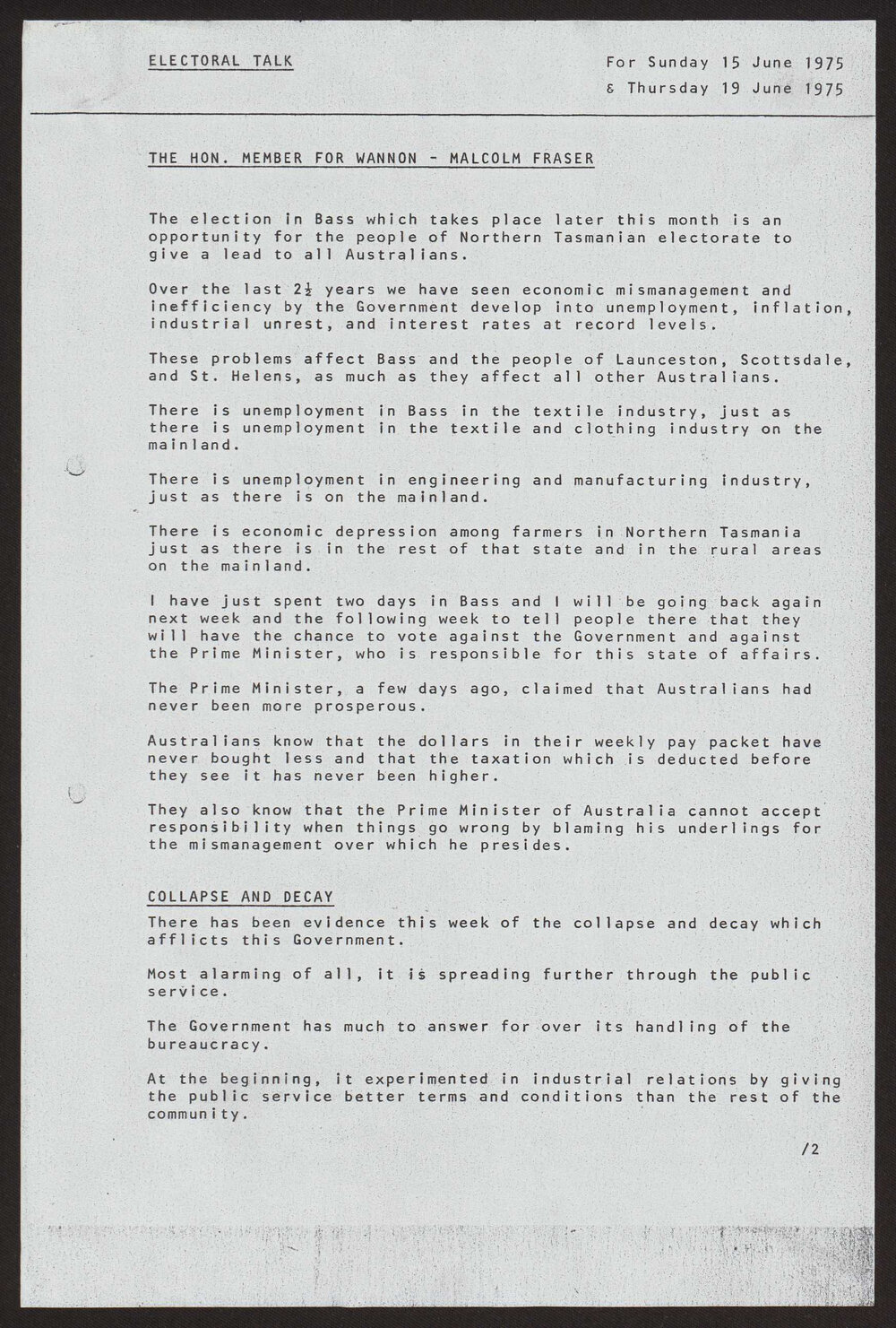 Bass by-election, Labor government