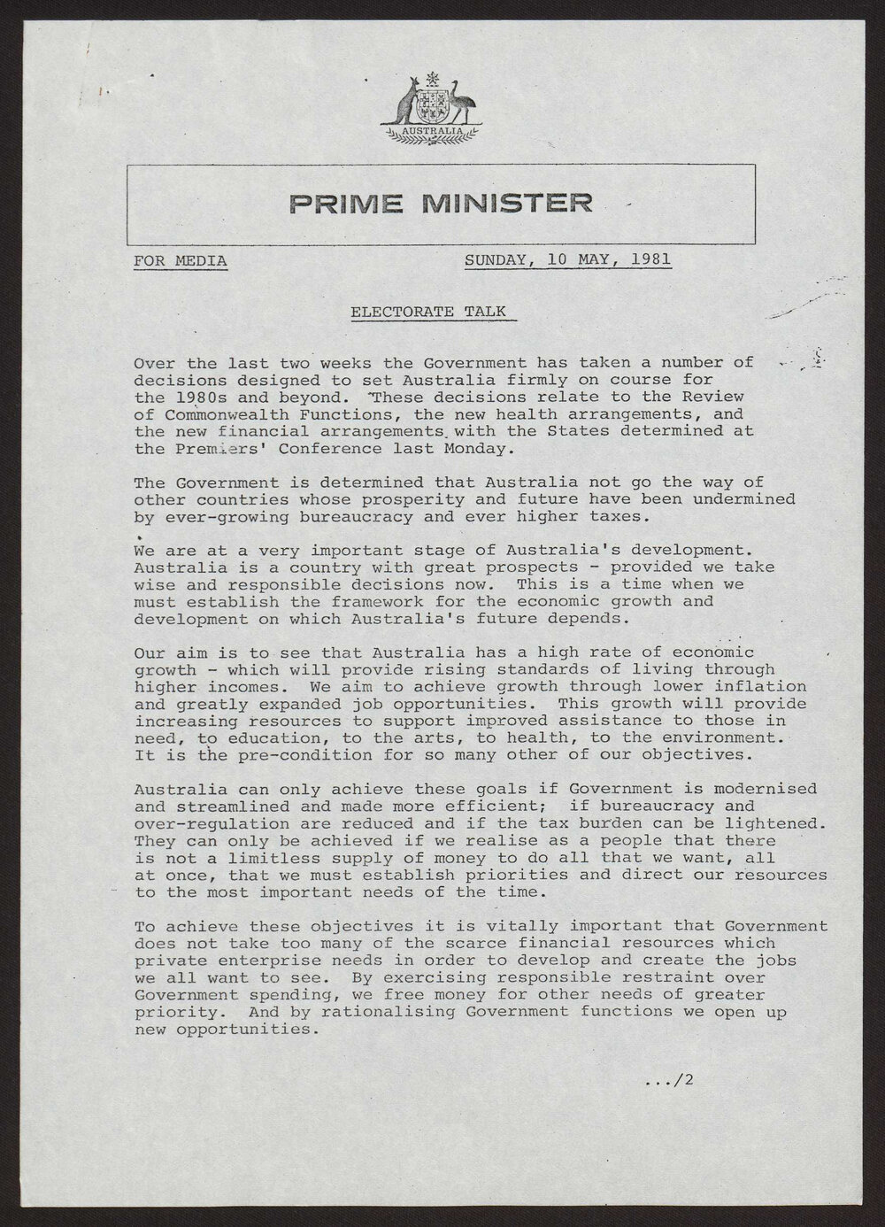 Review of Commonwealth functions, health arrangements, financial policy, Premiers' Conference