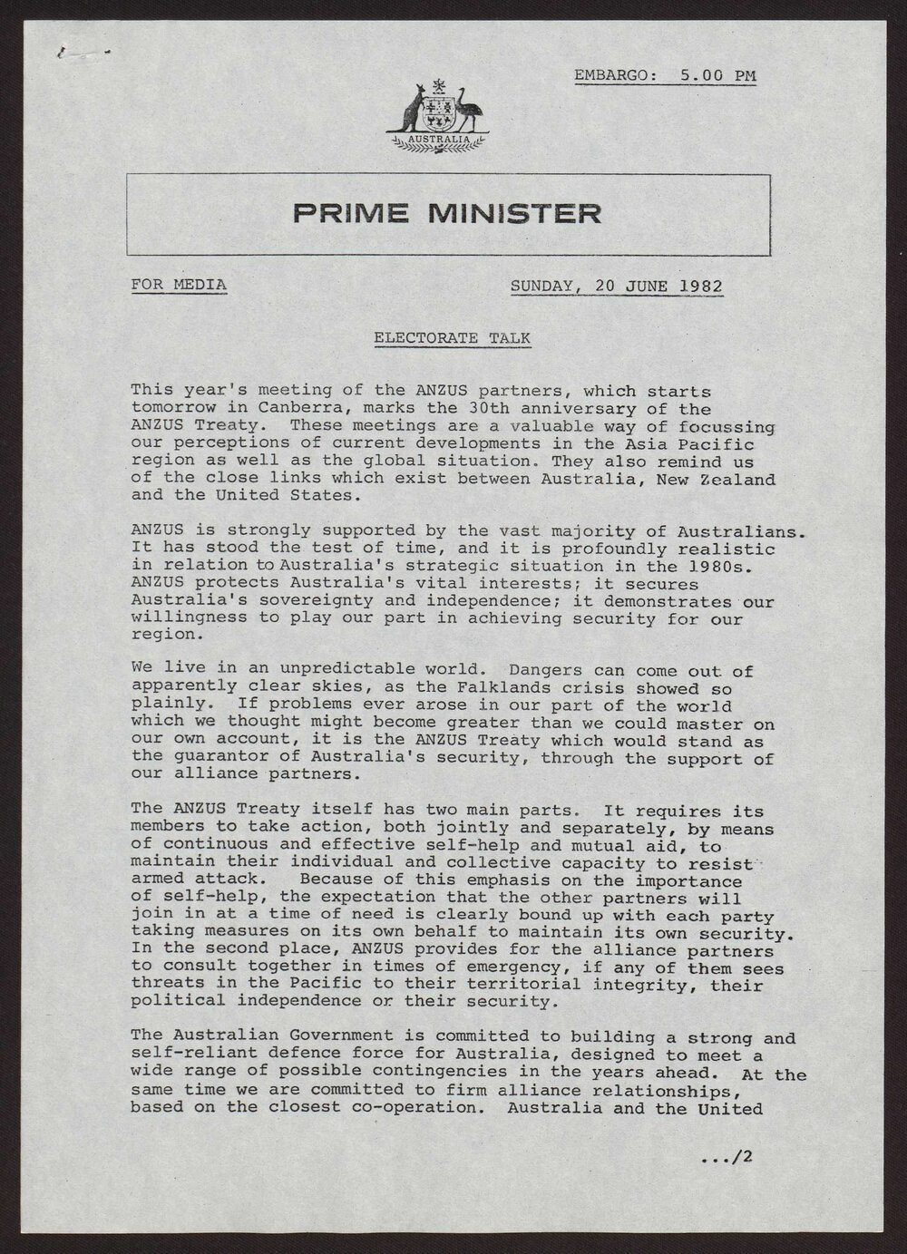 ANZUS treaty, defence