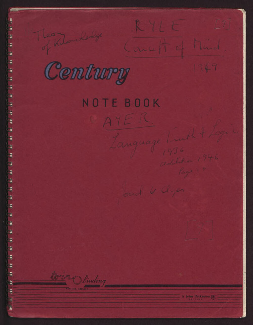 Oxford - Notebook - Theory of Knowledge - Ryle: Concept of Knowledge 1949 - Ayer Language Truth and Logic 1936