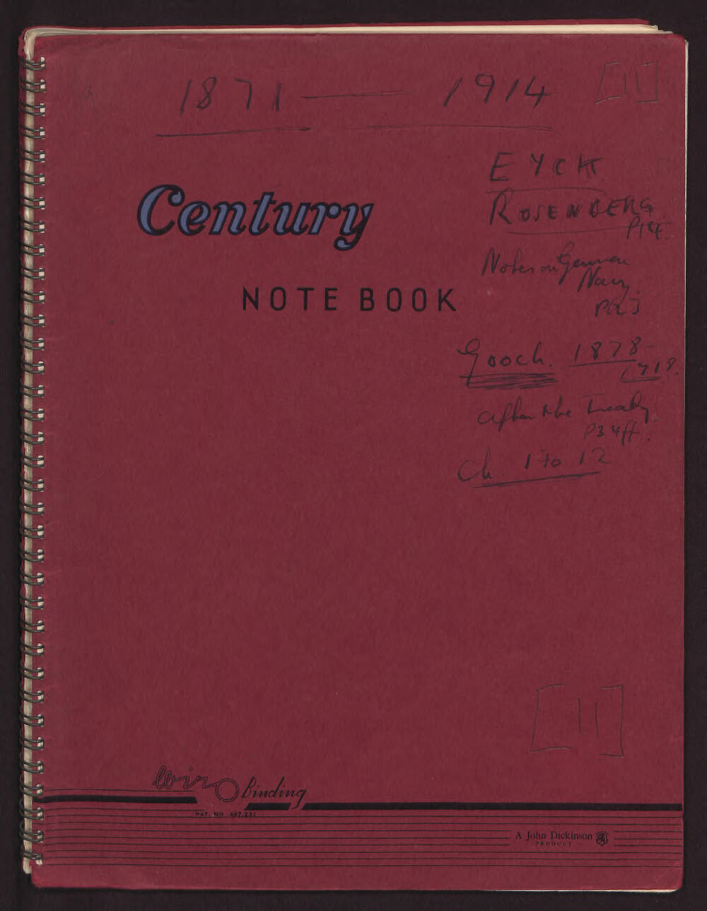 Oxford - Notebook - 1871-1914: Eyck, Rosenberg, Notes on German Navy, Gooch
