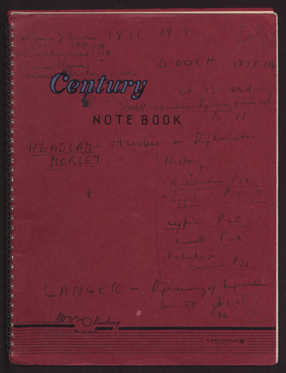 Oxford - Notebook - 1871-1914: Gooch, Morley Studies in Diplomatic History, Langer Diplomacy of Imperialism