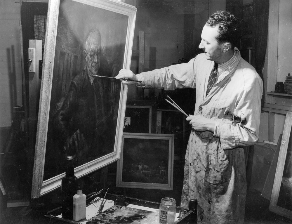 Noel Counihan painting a portrait of Frank Dalby Davison.