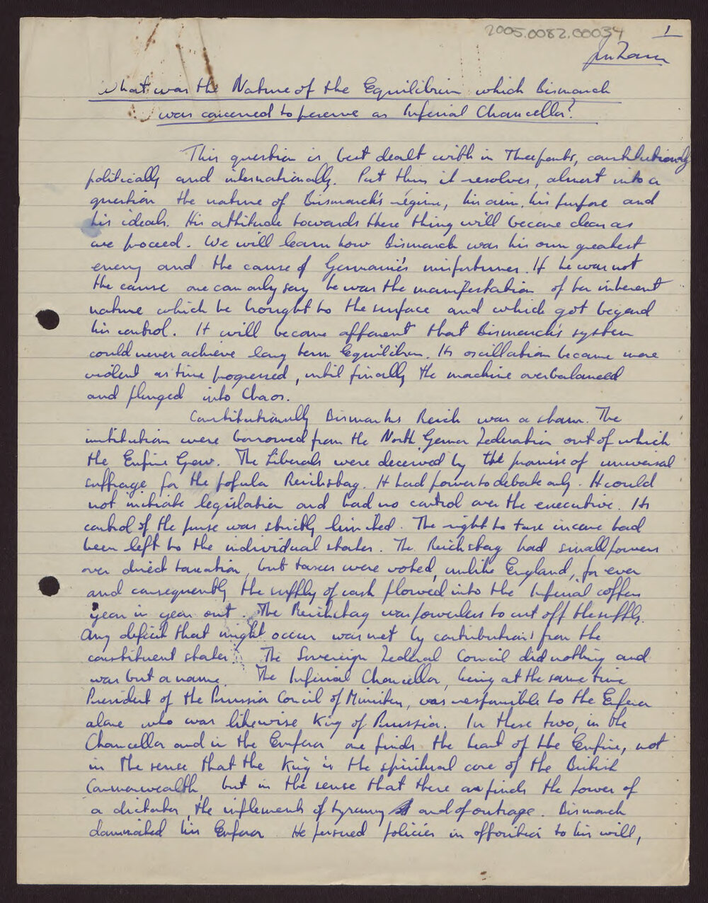 What was the nature of the equilibrium which Bsimarck was concerned to preserve as Imperial Chancellor?