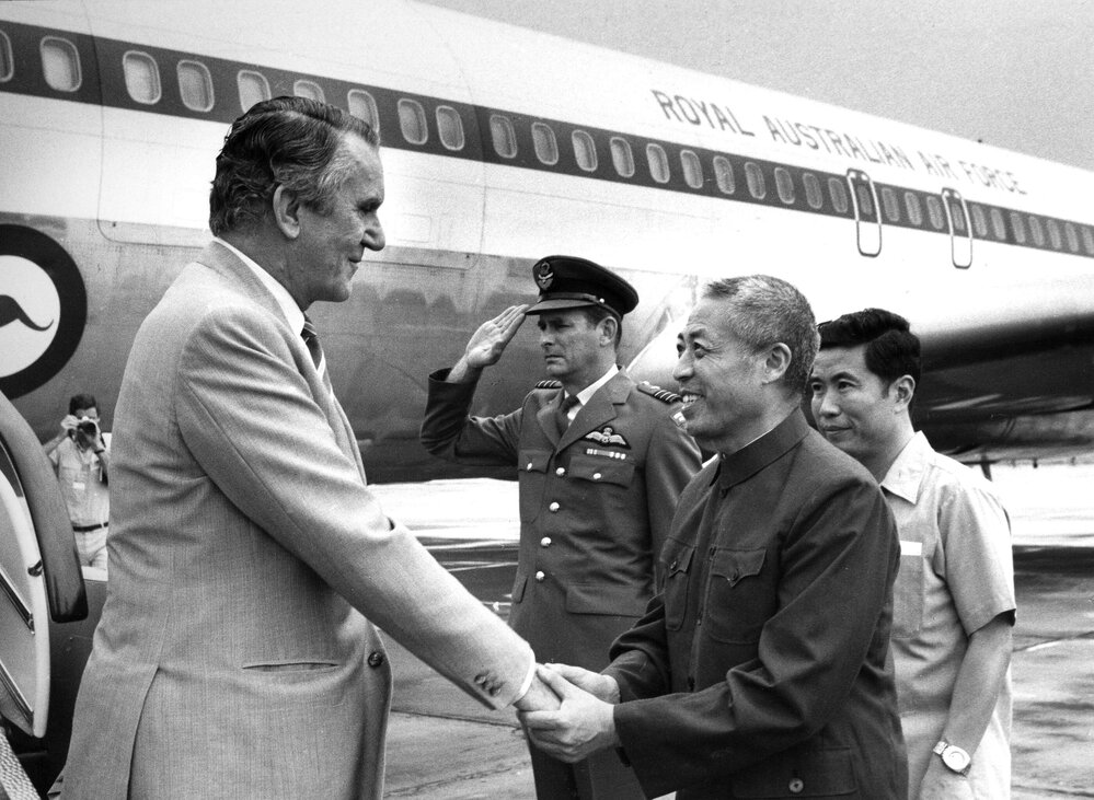 Malcolm Fraser being greeted by Han Xu, Vice Foreign Minister, on his arrival at Beijing in August 1982.