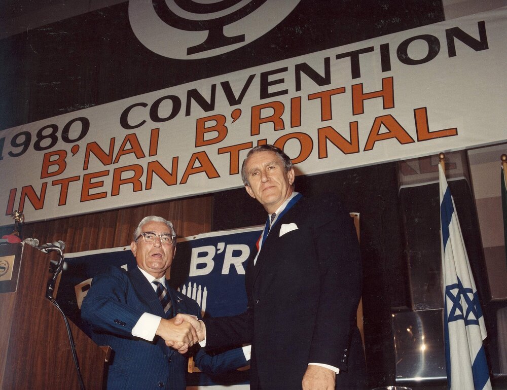 Malcolm Fraser being congratulated by Jack Spitzer, International President of B'nai B'rith International.