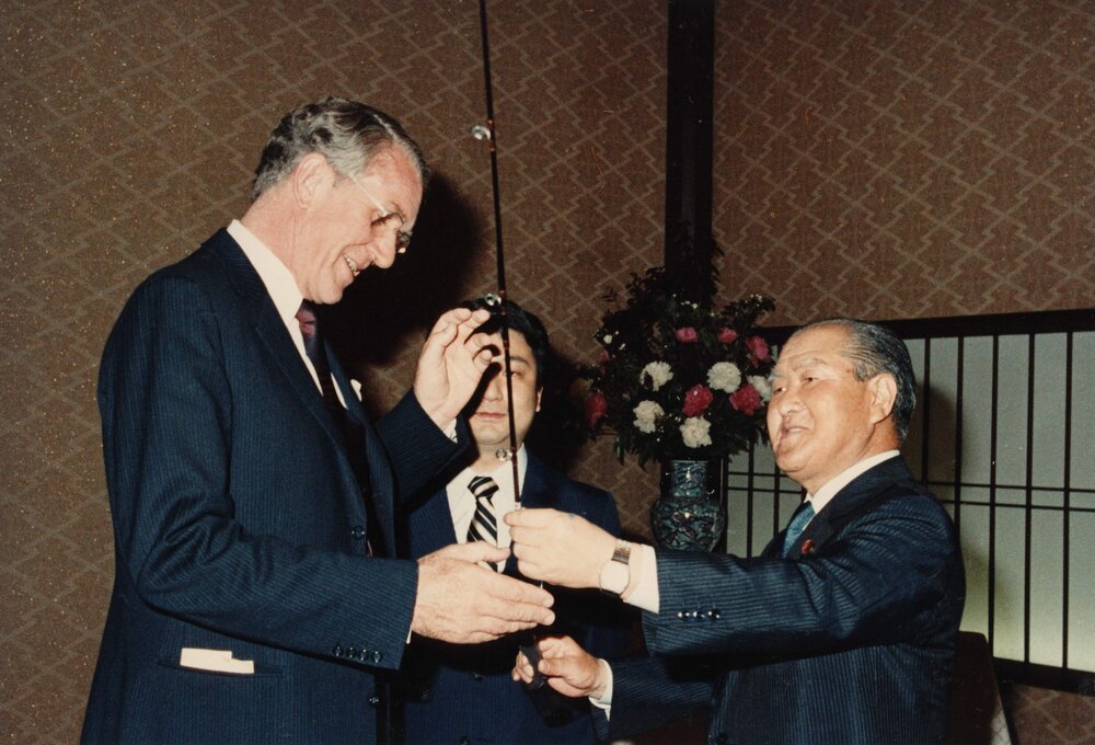 Prime Minister Malcolm Fraser receiving a birthday gift from the Prime Minister of Japan Zenko Suzuki in Japan in May 1982