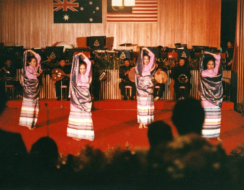 Malaysian dancers and musicians performing at an official dinner for Prime Minister Malcolm Fraser in Kuala Lumpur, Malaysia.