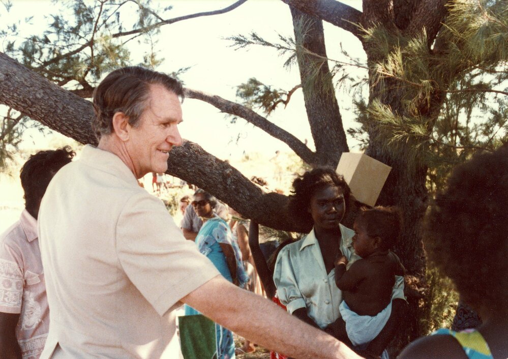 Malcolm Fraser amongst Aboriginal Australian People in the Northern Territory.