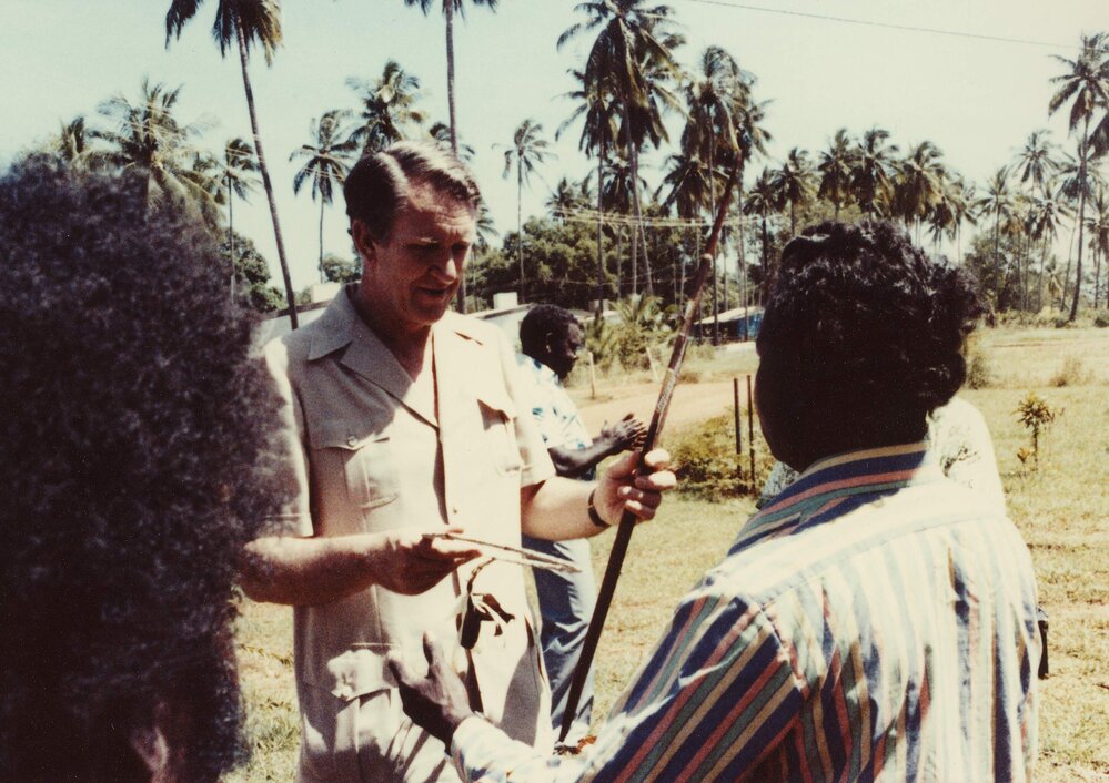Malcolm Fraser receiving gifts from local Aboriginal Australian People in the Northern Territory.