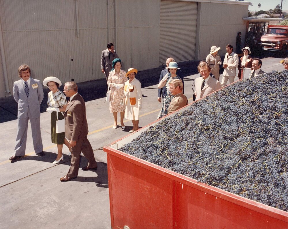 Queen Elizabeth II inspecting Kaiser Stuhl Wineries at Nuriootpa, South Australia, during her 1977 official visit to Australia.