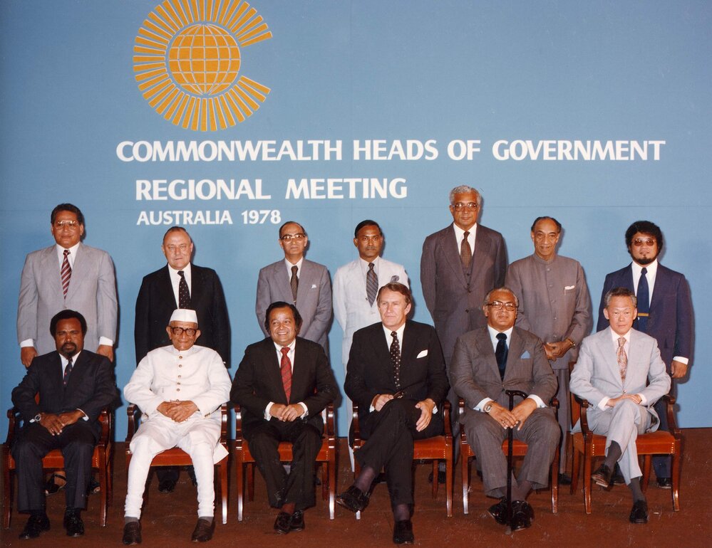 Malcolm Fraser with other delegates at the first Commonwealth Heads of Government Regional Meeting in Sydney.