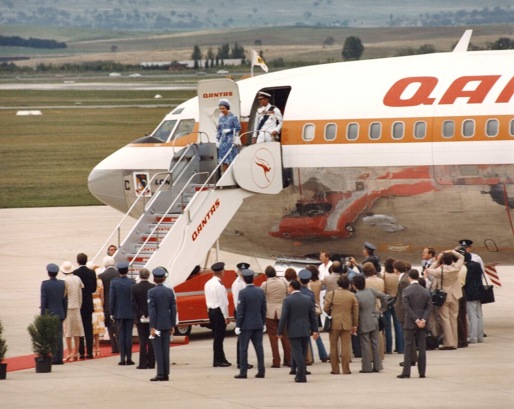 Queen Elizabeth II and the Duke of Edinburgh arriving in Canberra to commence their 1977 official visit to Australia.